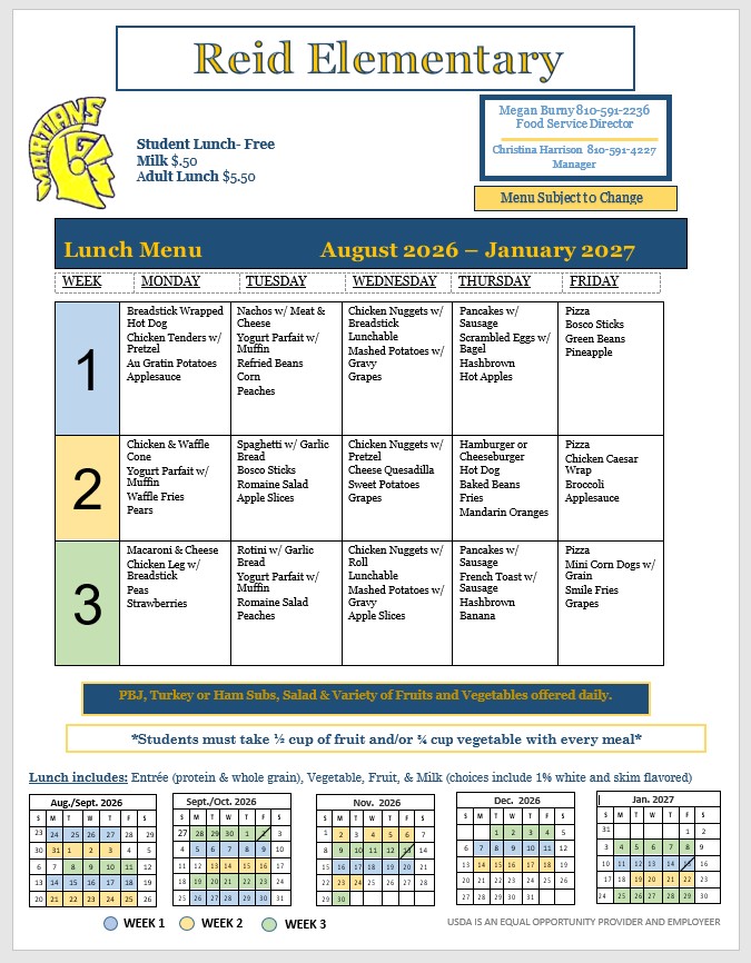 Reid Lunch Menu